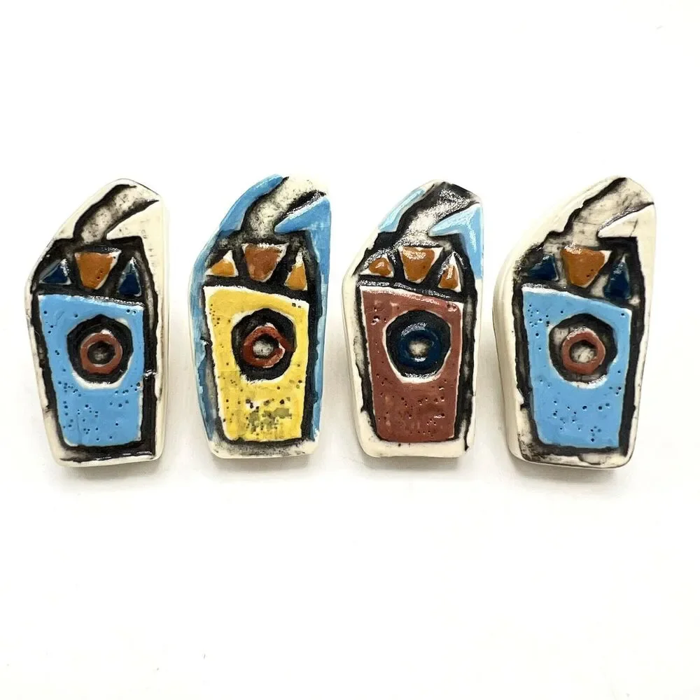 4 Coffee Cup Shaped Drawer Pulls Cabinet Knobs Glazed Ceramic Art Tile Novelty
